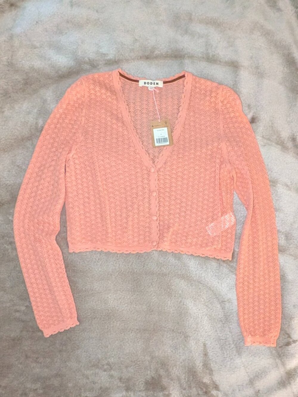 Boden Pointelle Cropped Cardigan, Pink/Peach, Sz M